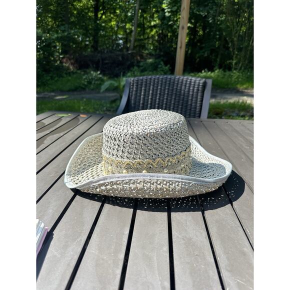 Vtg Eric Javits Light Gray Gold Trim And Pearls Classic Handwoven Fedora Hat - Picture 2 of 9